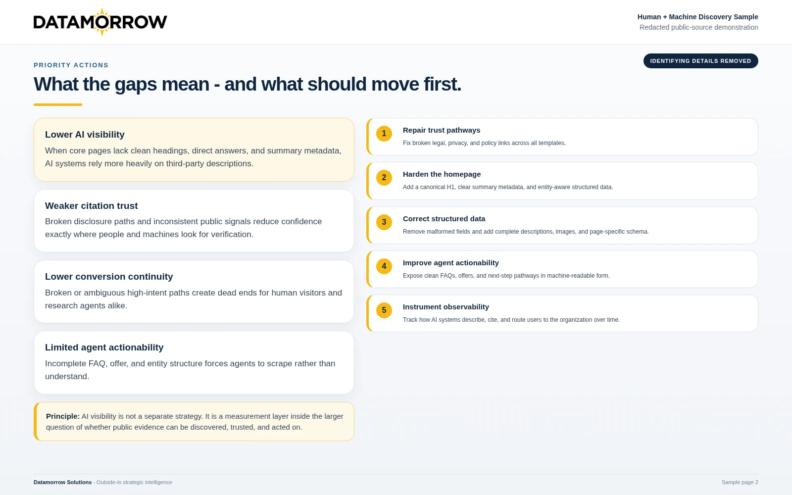 Redacted Human + Machine Discovery page showing business implications and priority actions.